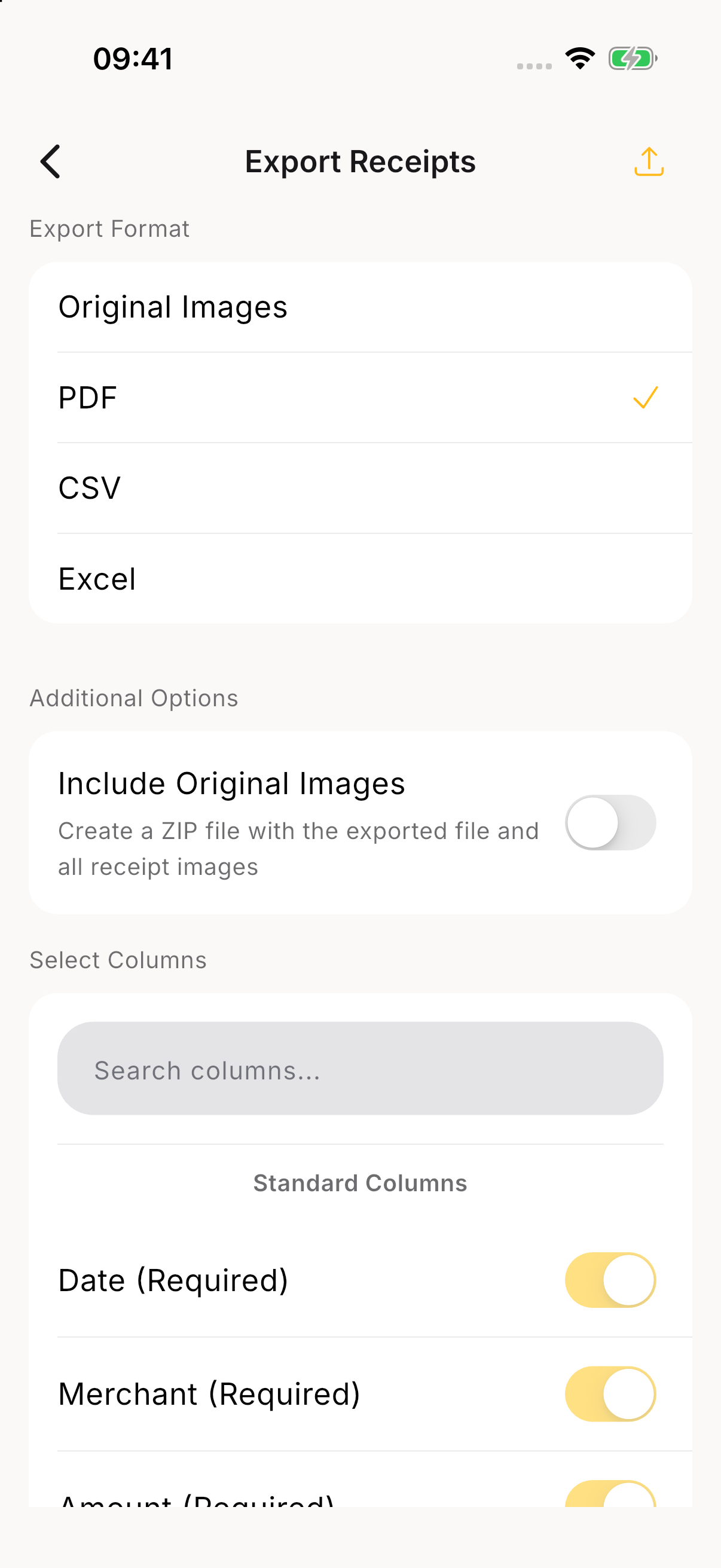 Export Receipts. Real app screens with fictional sample data. Unedited native PNGs.